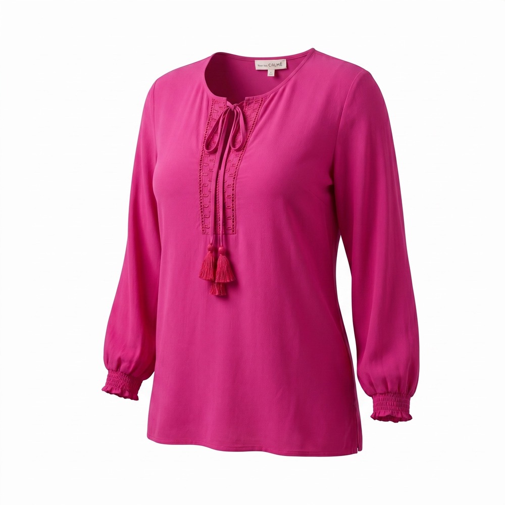 Johnny Was Calme Blouse XS Pink Embroidered Tassel Boho Peasant Top Chic Flowy